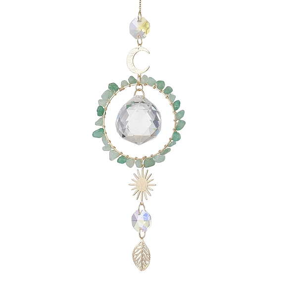 Подвесные ловцы солнца в форме капли из стекла с бусинами из натурального зеленого авантюрина., с латунными подвесками в виде луны, солнца и листьев., Подвесное украшение в виде призмы для дома и сада.