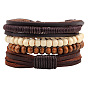 Adjustable Braided Leather Cord Wooden Beaded Multi-strand Bracelets, Stackable Bracelets, 4 Strands/set, 60mm, 180~200mm