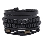 4pcs 4 ensemble de bracelets à cordon en simili cuir tressé réglable de style, bracelets extensibles en perles de bois et d'alliage pour hommes
