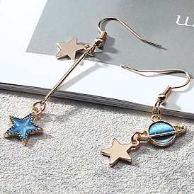 Enamel Star & Planet Asymmetrical Earrings, Light Gold Plated Alloy Dangle Earrings for Women