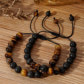 Плетеные браслеты из круглых бусин из натурального лавового камня и тигрового глаза, плетеные браслеты из вощеного шнура для мужчин
