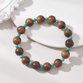 Эластичные браслеты из дерева и синтетических бирюзовых бусин для женщин, круглые