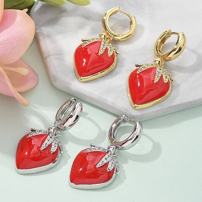 Латунные микро проложить серьги обруча кубического циркония, с эмалью, без свинца и без кадмия, долговечный, стойки покрытие, клубника