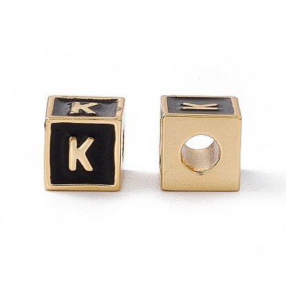 Rack Plating Brass Enamel Beads, Cadmium Free & Nickel Free & Lead Free, Real 18K Gold Plated, Cube with Letter A`Z