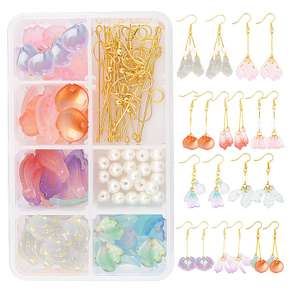 Наборы для самостоятельного изготовления сережек в виде лепестков, в том числе стеклянные подвески, Стеклянные жемчужные бусины, Латунные крючки для сережек, железная фурнитура