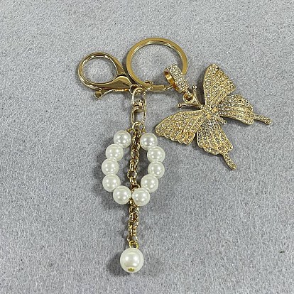 Butterfly Alloy Rhinestone & Glass Pearl Round Bead Pendant Keychain, with Iron Alloy Lobster Claw Clasp