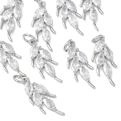 SHEGRACE Brass Clear Cubic Zirconia Pendants, Leaf Charms, Cadmium Free & Lead Free & Nickel Free