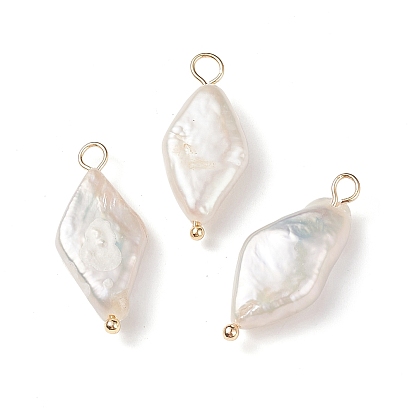 Natural Keshi Pearl Pendants, Rhombus Charm, Cultured Freshwater Pearl, with Real 18K Gold Plated Brass Loops