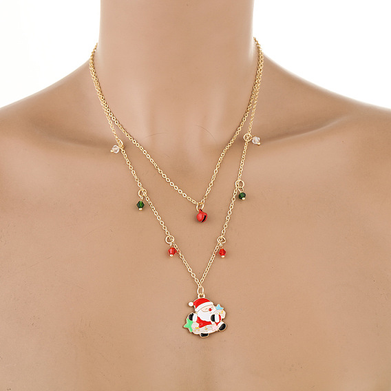 Двухслойные ожерелья для женщин с подвеской в виде Санта-Клауса из сплава эмали и биконуса из стекла, белый красный и зеленый