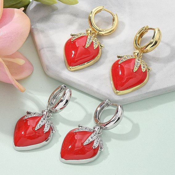 Латунные микро проложить серьги обруча кубического циркония, с эмалью, без свинца и без кадмия, долговечный, стойки покрытие, клубника