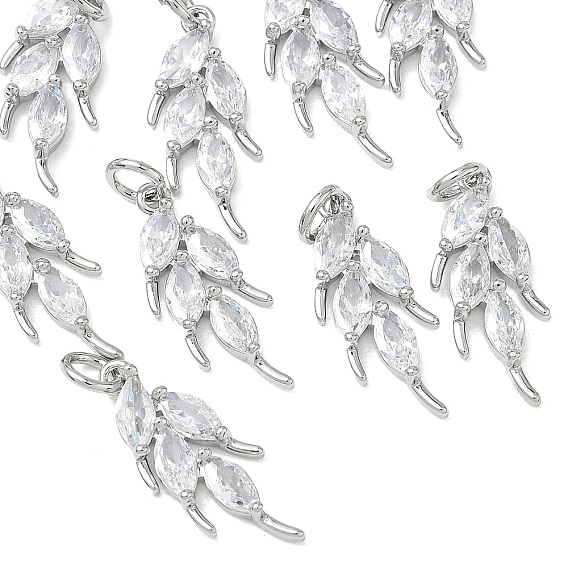 SHEGRACE Brass Clear Cubic Zirconia Pendants, Leaf Charms, Cadmium Free & Lead Free & Nickel Free