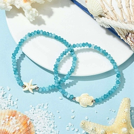 2шт. 2 стили синтетических бирюзовых и окрашенных натуральных нефритовых бусин-ронделей из Малайзии эластичные браслеты для женщин, черепаха и морская звезда