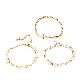 Chain Bracelets & Link Bracelets & Beaded Bracelets Sets, Stackable Bracelets, with Natural Pearl Beads, Glass Beads, Brass Chains, Cross 201 Stainless Steel Links and 304 Stainless Steel Clasps