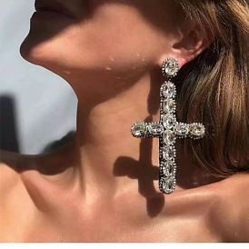 Colorful Diamond Cross-shaped Long Earrings for Women with Fashionable and Exaggerated Personality