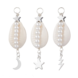 3 шт. 3 стили подвески из натуральной ракушки каури, обернутые медной проволокой, стеклянные жемчужины, подвески в форме ракушки с подвесками из нержавеющей стали в виде звезд, луны и молний