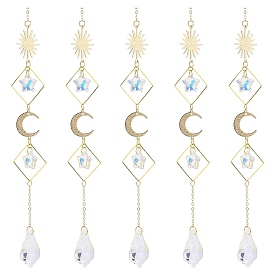 Electroplate Glass Star & Teardrop Window Hanging Suncatchers, Golden Brass Sun & Moon Pendants Decorations Ornaments