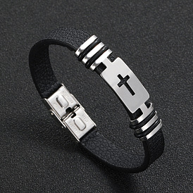 Bracelet en cuir croix en acier inoxydable de style punk - bracelet en acier titane pour hommes