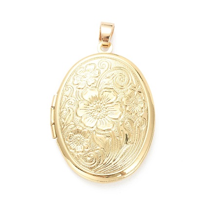 Brass Locket Pendants, Photo Frame Pendants for Necklaces, Long-Lasting Plated, Oval with Flower