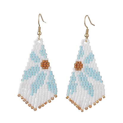 Серьги с подвесками из стеклянного бисера, с 304 нержавеющей стали серьги крючки, ромб с цветочным узором