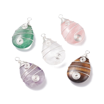 Natural Gemstone Pendants, with Silver Tone Copper Wire Wrapped, Teardrop