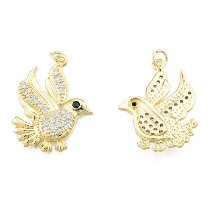 Brass Micro Pave Clear Cubic Zirconia Pendants, with Brass Jump Rings, Nickel Free, Bird