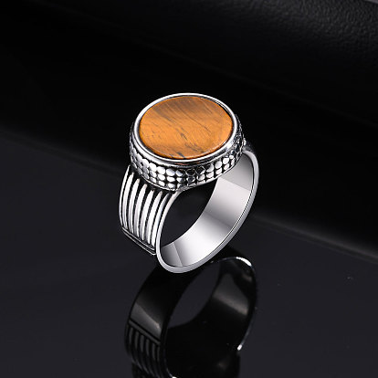 304 мужские перстни из нержавеющей стали с натуральным тигровым глазом, плоско-круглые