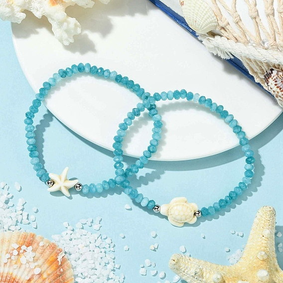 2шт. 2 стили синтетических бирюзовых и окрашенных натуральных нефритовых бусин-ронделей из Малайзии эластичные браслеты для женщин, черепаха и морская звезда