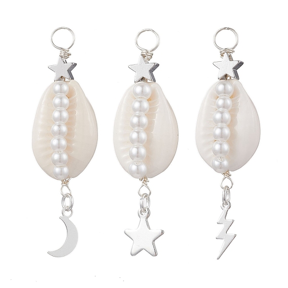 3 шт. 3 стили подвески из натуральной ракушки каури, обернутые медной проволокой, стеклянные жемчужины, подвески в форме ракушки с подвесками из нержавеющей стали в виде звезд, луны и молний