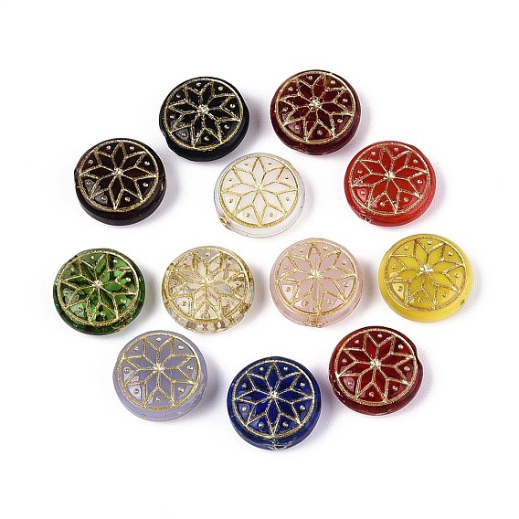 Стеклянные бусины, плоские круглые с цветком, золотой металл обвитыми