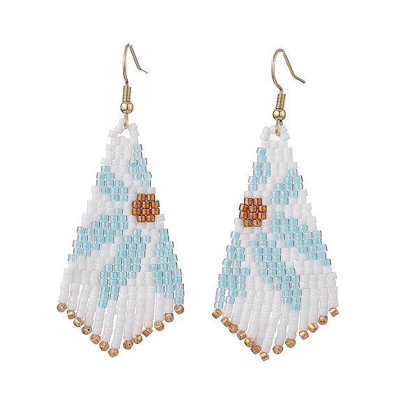 Серьги с подвесками из стеклянного бисера, с 304 нержавеющей стали серьги крючки, ромб с цветочным узором