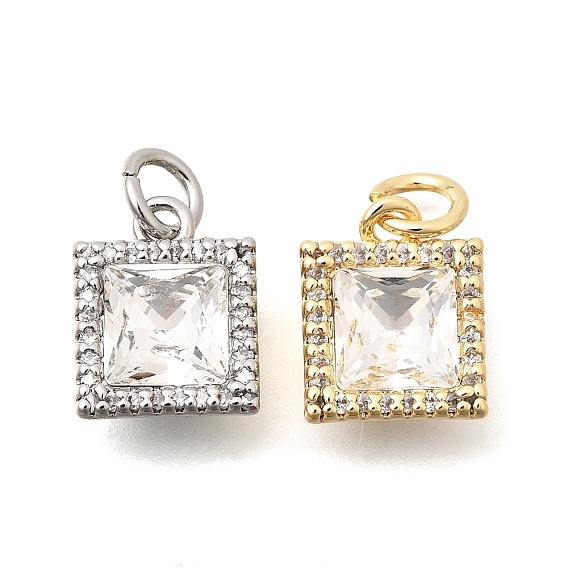 Подвески из латуни с микропаве, прозрачными кубическими циркониями и стеклом., квадратный шарм, с целью перехода в кольце, граненые