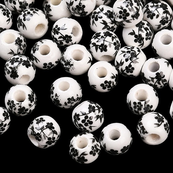 Floral Printed Porcelain Beads, Flower Patterned Ceramic Beads, Round