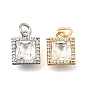 Подвески из латуни с микропаве, прозрачными кубическими циркониями и стеклом., квадратный шарм, с целью перехода в кольце, граненые