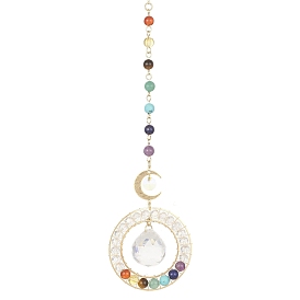 Glass Teardrop Pendant Decorations, lapis lazuli, with Chakra Gemstone Beads and Brass Moon Link, for Home Decoration