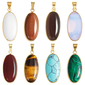 8Pcs 8 Styles Opalite & Synthetic Malachite & Turquoise & Goldstone, Natural White Jade & Carnelian & Tiger Eye & Grey Agate Pendants, Oval Charms with Brass Settings, Golden