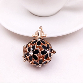 Brass Enamel Hollow Cage Locket Pendant, with Rhinestones, Round with Flower Charm