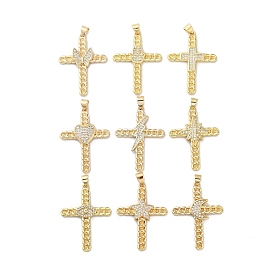 Brass Micro Pave Clear Cubic Zirconia Pendants, Real 18K Gold Plated, Cross
