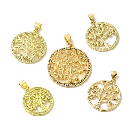 Brass Micro Pave Cubic Zirconia Pendants, Real 18K Gold Plated, Round with Tree of Life