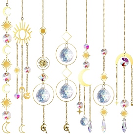 Glass & Brass Pendant Decorations, Hanging Suncatchers, for Home Decoration, Eye/Sun/Teardrop/Moon