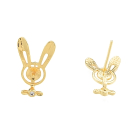 Brass Micro Pave Clear Cubic Zirconia Stud Earring Findings, with 925 Sterling Silver Pins, for Half Drilled Bead, Rabbit