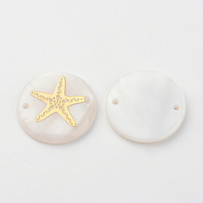 Соединители звеньев пресноводной раковины, плоский круг с золотыми звездами / морскими звездами