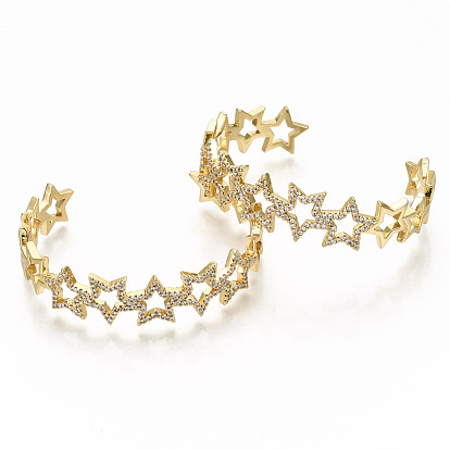 Brass Micro Pave Clear Cubic Zirconia Cuff Bangles, Nickel Free, Star