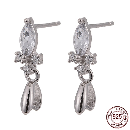 925 Sterling Silver Stud Earring Findings, with Micro Pave Cubic Zirconia, Bar Links and Ice Pick Pinch Bail