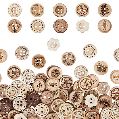 200шт. 10 стили пуговиц из кокосовой скорлупы, 4 отверстие и 2-луночное, плоско-круглые