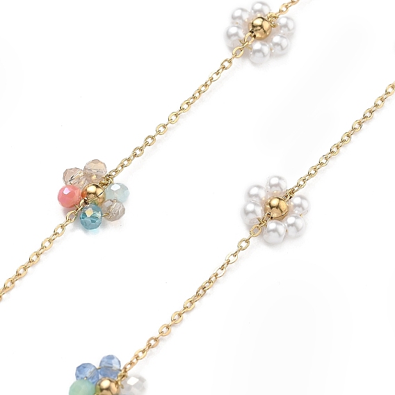 304 кабельные цепи из нержавеющей стали, ионное покрытие (ip), с бусинами из стекла и АБС-пластика, имитирующими жемчуг, реальный 18 k позолоченный, пайки, цветок, с катушкой