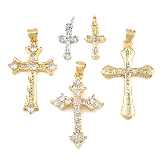 Brass Micro Pave Clear Cubic Zirconia Pendants, Cross Charms, Cadmium Free & Lead Free