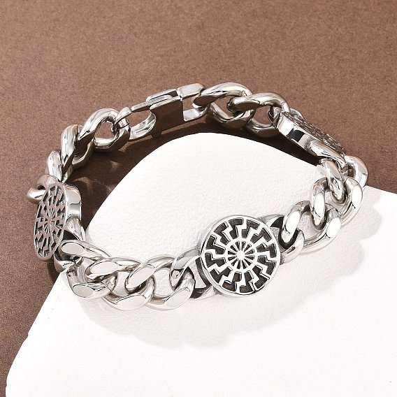 304 браслеты из нержавеющей стали с плоскими круглыми браслетами в виде символа солнца, кубинские браслеты с цепочкой ссылок