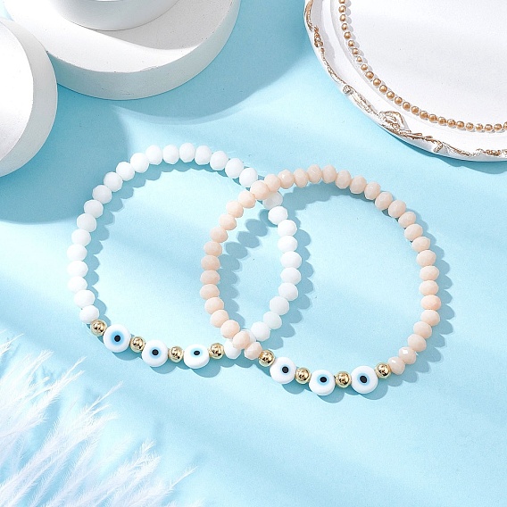 2шт. стеклянные бусины тянущиеся браслеты, браслеты из плоских круглых бусин ручной работы от сглаза для женщин и мужчин, граненые