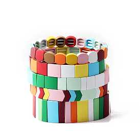 Rainbow Color Enamel Tile Elastic Bracelet, Alloy Beaded Stretch Bracelet for Women