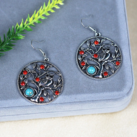 Vintage Ethnic Style Turquoise Earrings with Ruby Tree of Life